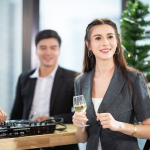 Business partners toast champagne company event celebration success